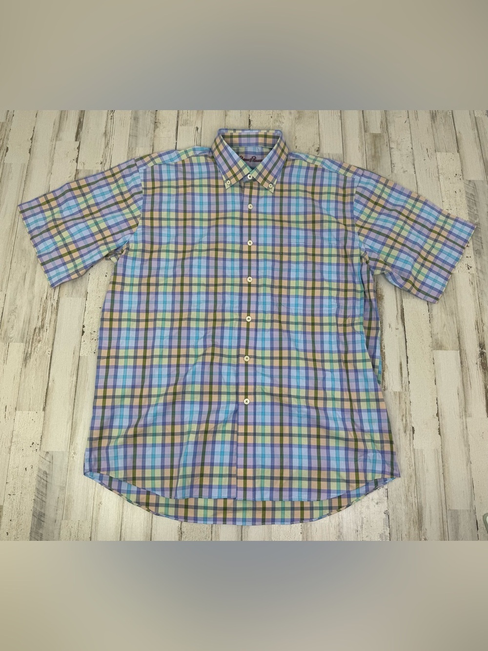 Alan Flusser Plaid Button Front Shirt Men L Short Sleeve Multi Colorful